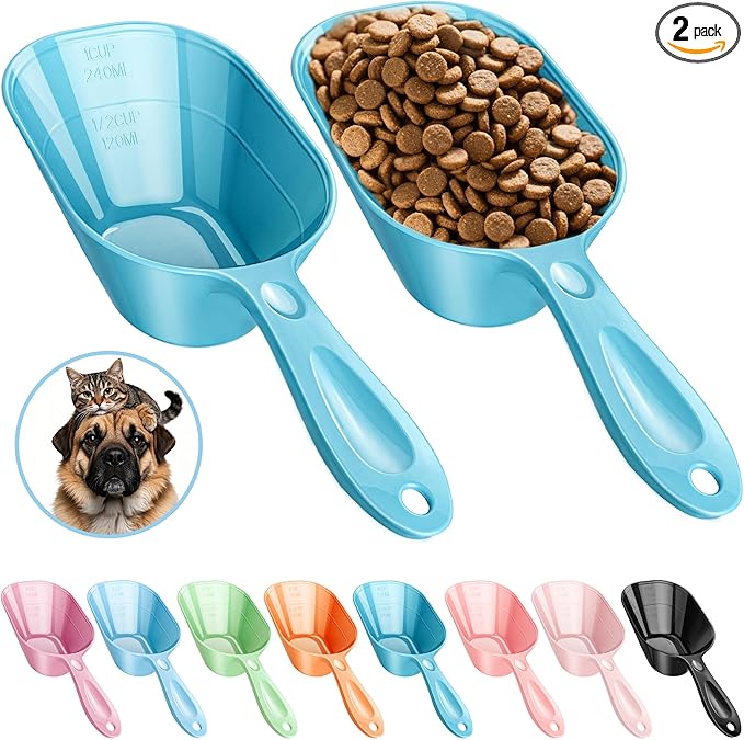 Fenenik Pet Food Scoop 2 Pack, Dog Cup Capacity Cat Food Scooper With Measuring Lines For Dog, Puppy and Cat Coffee Bean, Flour Scoop Bule