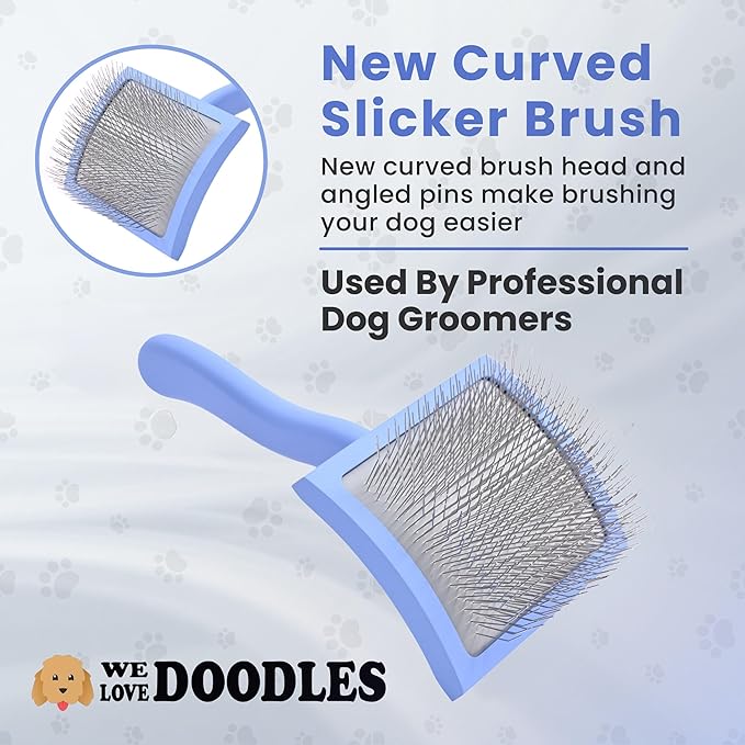 We Love Doodles Pet Dematting Comb and Curved Grooming Slicker Brush Bundle - Deshedding Undercoat Rake, Comb for Detangling Thinning and Shedding, Slicker Brush for All Hair Types