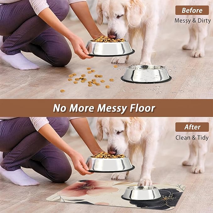 Pink Floral Pet Feeding Mat,Boho Flower Absorbent Quick-Dry Cat Dog Food and Water Bowl Mats,Non-Slip Rubber Backing Mat,Cat Dog Accessories Supplies 16"x24"