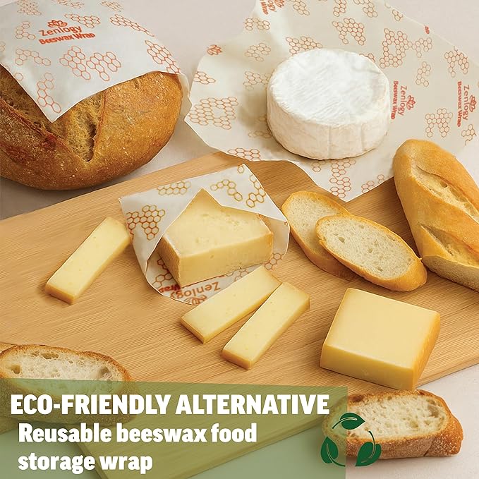 Zenlogy Reusable Beeswax Food Storage Wrap, Eco Friendly Alternative, Sustainable Organic Cut to Size Cotton Beeswax Wraps, 3 Pack (13" x 14", 10" x 11", 7" x 8")