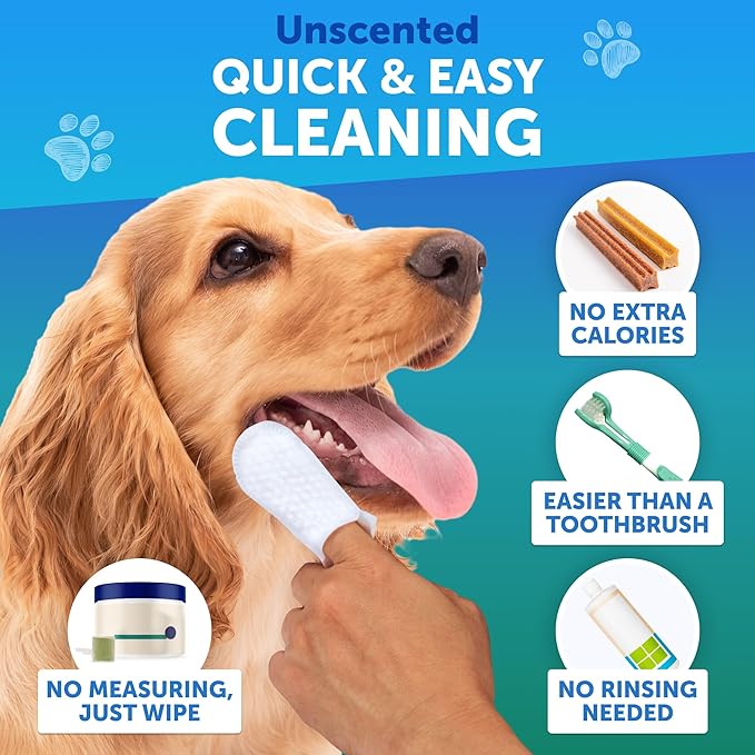 Dog Teeth Cleaning Wipes - 50 Dog Dental Care Finger Wipes - Finger Toothbrush for Removing Plaque, Tartar Buildup, Bad Breath - Oral Freshness, Healthy Teeth & Gum Support with Coconut Oil, Unscented