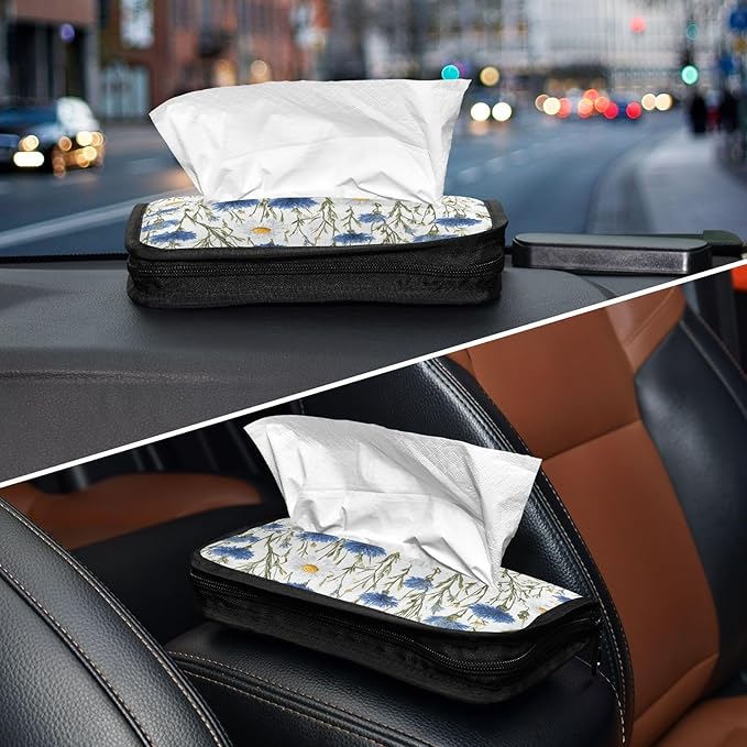 Car Tissue Holder Car Napkin Holder Car Tissue Box Dispenser Storage Case Sun Visor Mask Holder with Adjustable Straps Reusable Refillable Blue and White Daisy03