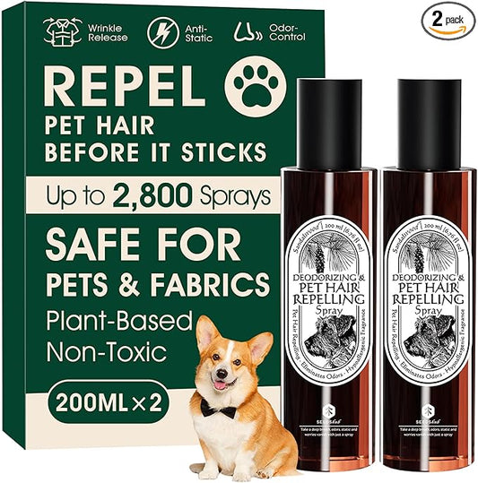 4-in-1 Pet Hair Repellent Spray, Pet Hair Dissolver & Odor Neutralize, Plant Based Enzymes, Safe for Pets, Clothes & Furniture, Refresh Pine Nut Scent, 13.52 fl oz, 2 Full Size Pack