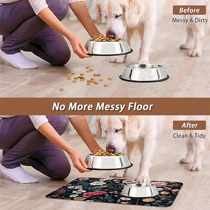 Floral Boho Dog Cat Food Mat,Pink Flower Vintage Absorbent Pet Feeding Mat with Rubber Backing,Non-Slip Water Bowl Placemat,Indoor Pet Accessories Supplies 12"x20"