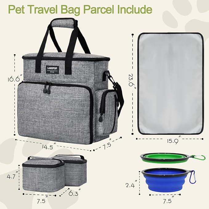 LARIPOP Dog Travel Bag,Weekend Pet Travel Bag Set,Airline Approved Tote,Multi-Function Dog Bags for Traveling,Include 2 Collapsible Bowls,2 Food Storage Containers,1 Feeding Mat,Gray