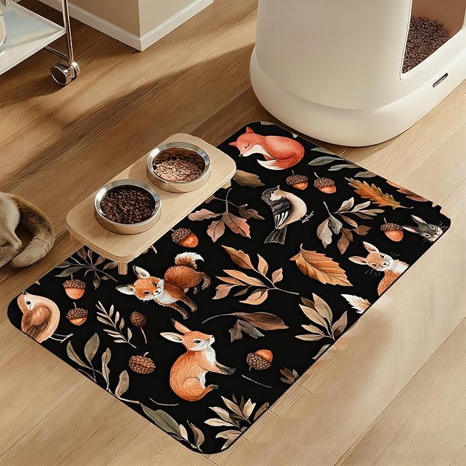 Wild Forest Animals Pet Feeding Mat–Christmas Stocking Quick Dry Absorbent Dog Cat Food Mat, Non Slip Waterproof Bowl Placemat for Messy Eaters, Pet Accessories for Floors 16"x24"