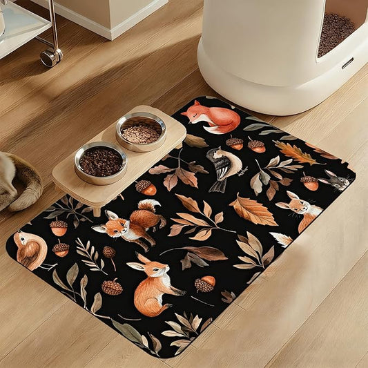 Wild Forest Animals Pet Feeding Mat–Christmas Stocking Quick Dry Absorbent Dog Cat Food Mat, Non Slip Waterproof Bowl Placemat for Messy Eaters, Pet Accessories for Floors 16"x24"