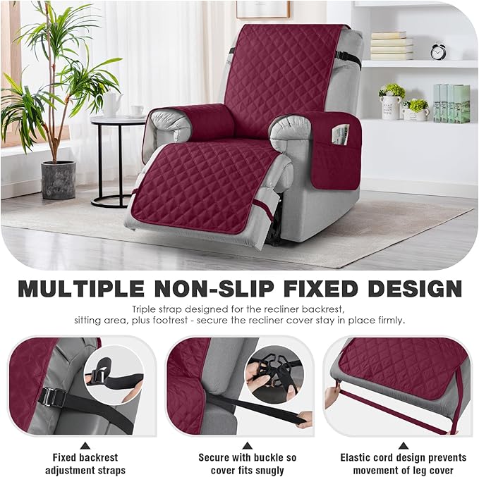 TAOCOCO 100% Waterproof Recliner Chair Cover Non-Slip Reclining Cover for Recliner Chair Washable Chair Seat Cover with Elastic Straps for Pets Sofa Slipcover with Pocket (Small 23'', Wine)