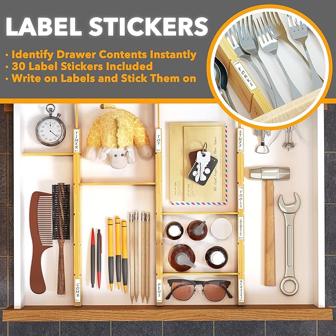 SpaceAid Bamboo Drawer Dividers with Inserts and Labels, Kitchen Adjustable Drawer Organizers, Expandable Organization for Home, Office, Dressers and Bathroom, 6 Dividers with 12 Inserts (13.25-17 in)