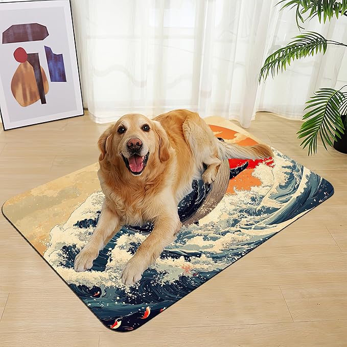 Wave Cat Dog Food Mat,Christmas Stocking Ukiyo-e Whale Absorbent Quick Dry Feeding Placemat for Food and Water Bowls, Non Slip Rubber Backing, Waterproof Pet Supplies for Mess-Free Eating 12"x20"