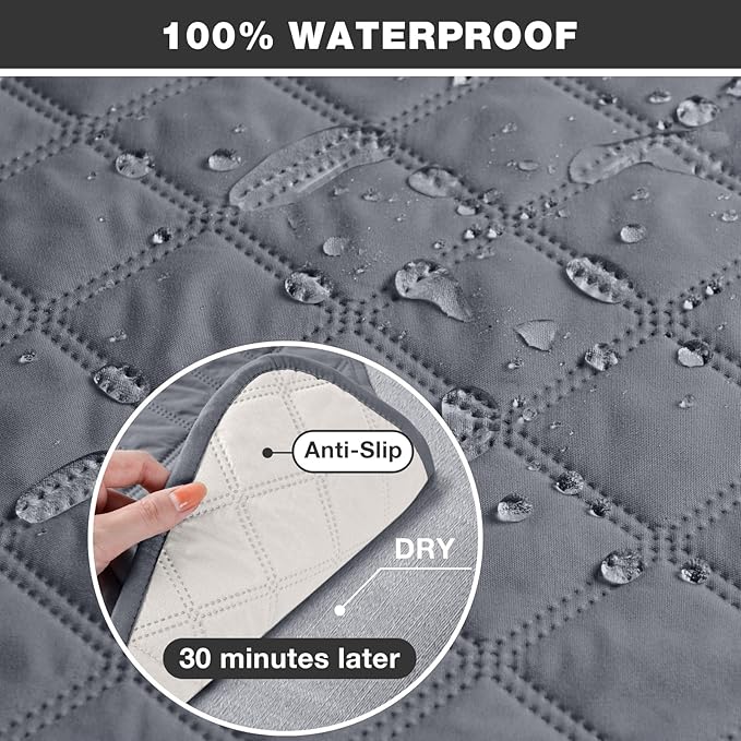 TAOCOCO 100% Waterproof Recliner Couch Covers, Recliner Sofa Covers with Leg Straps, 1-Piece Washable Reclining Sofa Cover with Pocket Couch Protector for Pets Kids(3 Seater, Smoke Gray)
