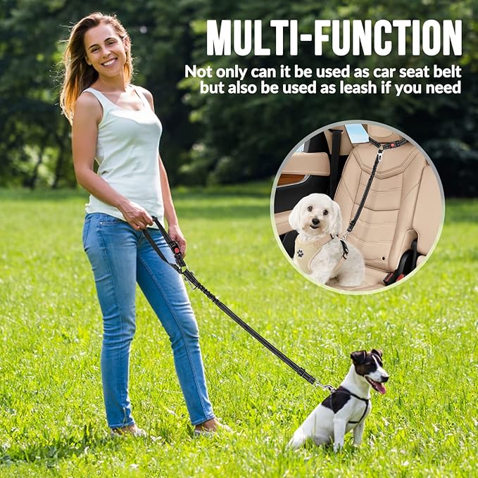 SlowTon Dog Seat Belt for Car, 2 Pack Dog Car Harness Seatbelt Adjustable with Elastic Bungee Buffer, 2 in 1 Pet Car Leash Headrest Restraint Dog Reflective Safety Tether (S, Black, Headrest+Clip)