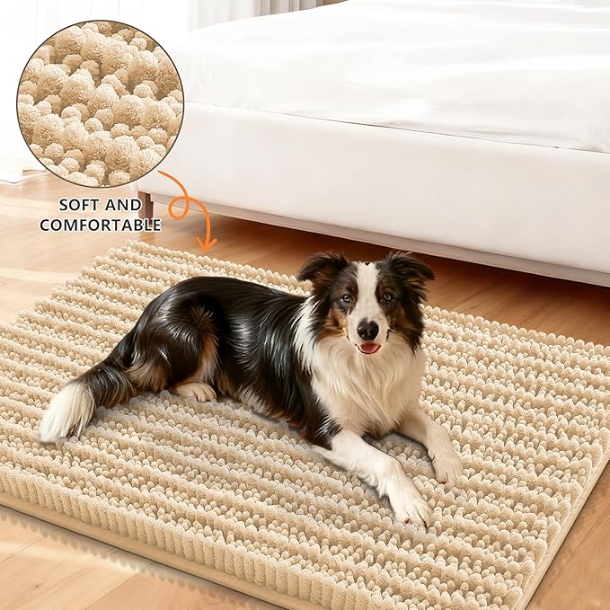Smiry Dog Door Mat for Muddy Paws 47x24, Extra Soft Absorbent Chenille Doormat, Trap Moisture and Dirt, Non-Slip Machine Washable Front Door Mat for Indoor Entrance Inside Floor, Beige