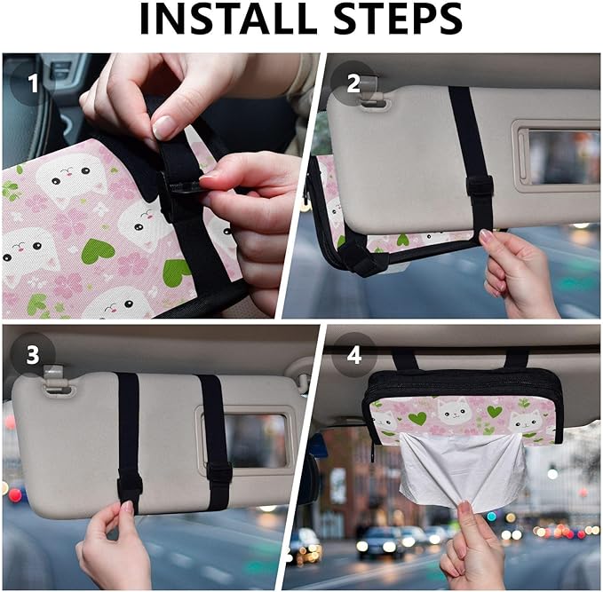Car Tissue Holder Car Napkin Holder Car Tissue Box Dispenser Storage Case Sun Visor Mask Holder with Adjustable Straps Reusable Refillable Pink Cute Sakura Cat Faces Hearts