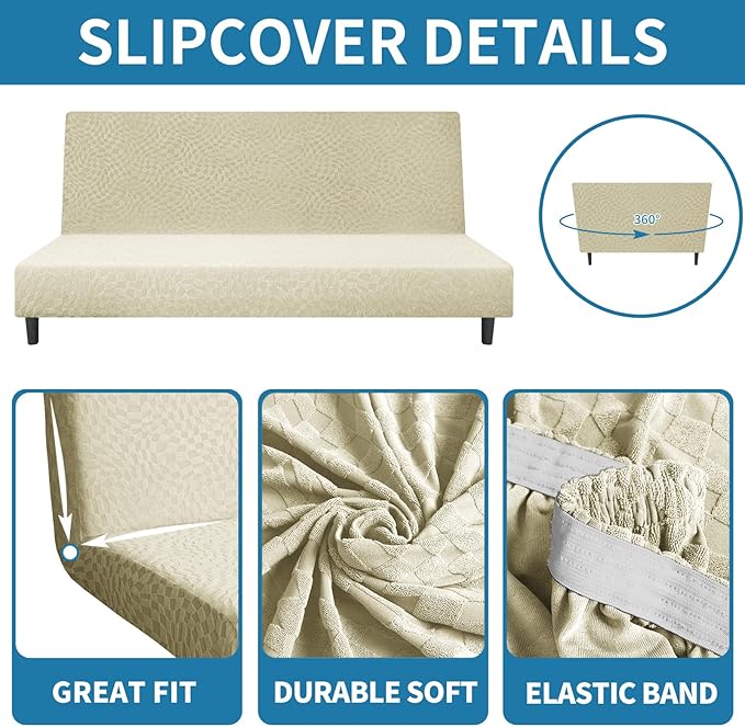 ZNSAYOTX Fashion Futon Cover (67"-82") Stretch Fit Armless Sofa Bed Slipcover, Universal Foldable Sofa Mattress Protector Full Queen Size, Irregular Plaid Texture Jacquard Futon Protector (Beige)