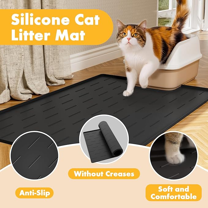 Pieviev Silicone Cat Litter Trapping Mat, 40''x28'' Extra Large Cat Litter Mat, Easy to Clean & Soft on Kitty Paws, Waterproof Kitty Litter Pads for Indoor Cats, Black