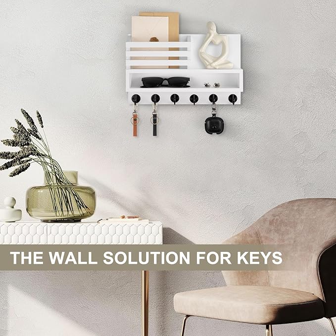 Lucundm Key and Mail Holder Wall Mount, Key Hanger with Long Storage Box and Key Hooks for Coat, Dog Leash, Home Decor Rack, House Accessories, Entry Way Organizer
