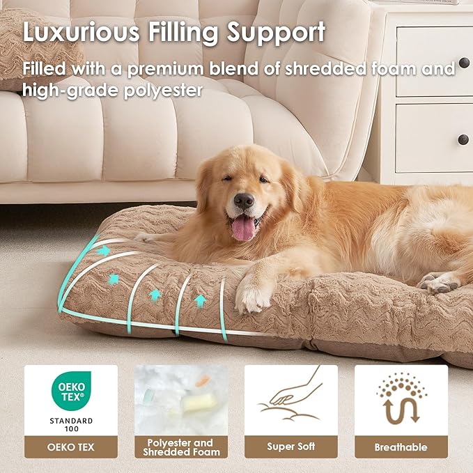 EHEYCIGA Washable XL Dog Bed for Crate 41x27 Inch, Reversible Kennel Pad for Extra Large Dogs Weight Up to 75 lbs, Plush and Comfy Pet Sleeping Mat, Camel