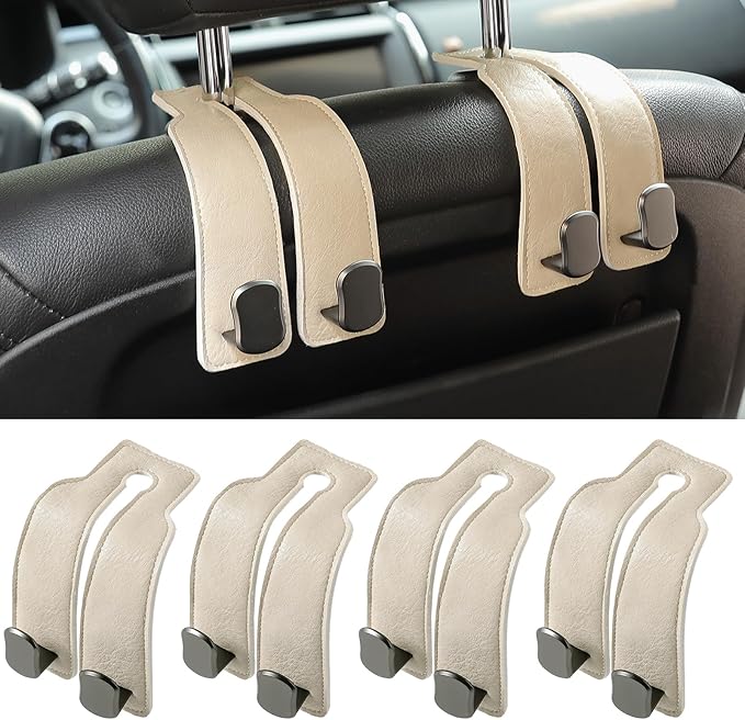 KINIVA 4 Pack Car Seat Hooks for Headrest, PU Leather Purse Hook Holder - Double Hook Design for Bags, Phones, Groceries, Car Back Seat Storage Accessories (06-White 4 Pcs)