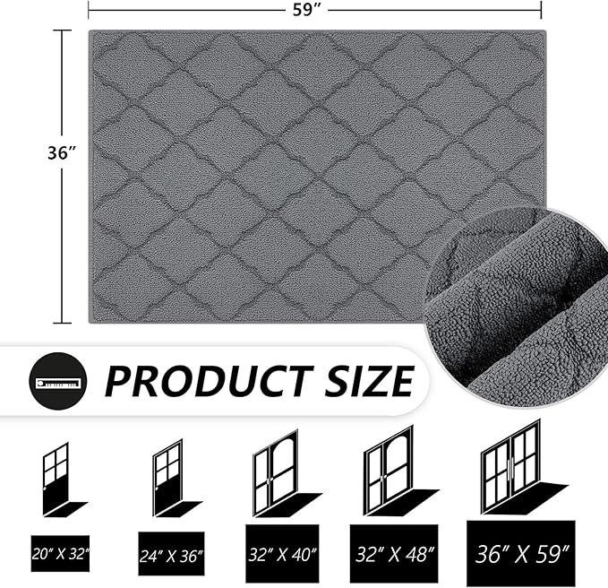 Timo Indoor Doormat, Front Door Mat 36"x59" Absorbent Rubber Backing Non Slip Door Mats, Machine Washable Resist Dirt Low Profile Rugs for Entryway, Front Door Rugs Indoor for Muddy Wet Shoes, Grey