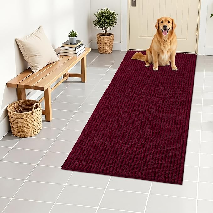 OLANLY Dog Door Mat for Muddy Paws 44x24, Ultra Absorbent Chenille Mud Doormat, Non-Slip Washable and Dirt Trapping Doormat for Indoor Entryway, Quick-Dry Indoor Pet Bed Mats for Dogs, Burgundy