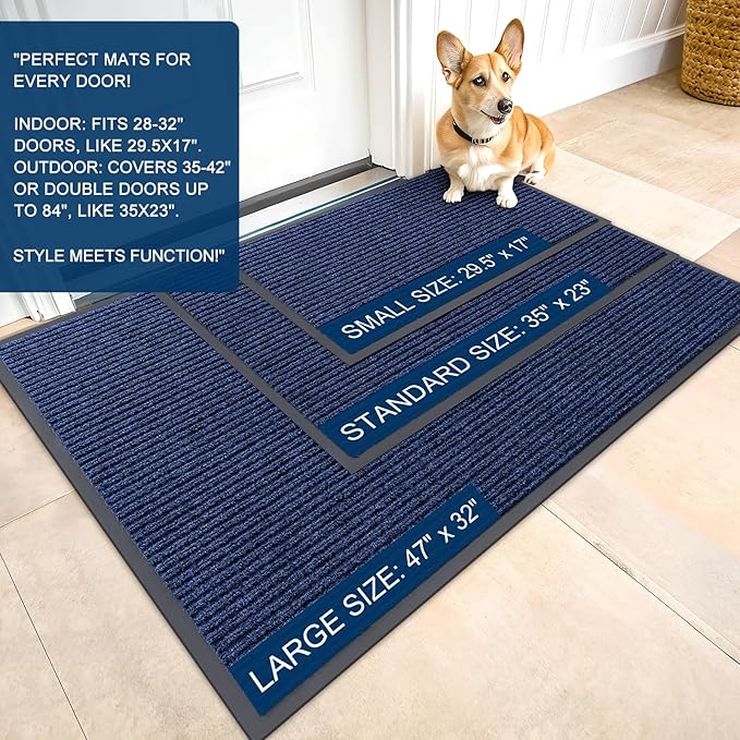 OLANLY Front Door Mat Indoor Outdoor Entrance, Waterproof Heavy Duty Doormat, Fade Resistant, Low Profile, Easy Clean Patio Porch Welcome Floor Mats for Entry, 47x17, Blue