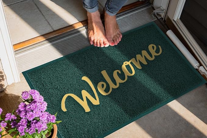 T.HENV Welcome Mat Outdoor Indoor, 32x20 100% Waterproof Front Door Mat Outside Entrance, All-Weather Quick Dry Doormat, Low Profile Patio Proch Entryway Mat, Non Slip, Easy Clean, Green-Gold