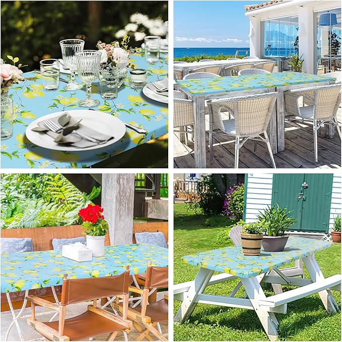 misaya Rectangle Vinyl Tablecloth, Fitted Table Cover, 100% Waterproof, Elastic Edge, Flannel Backing, Plastic Table Cloth Fit Folding Tables for Picnic, Camping, Outdoor (Lemon, 36x72 inch)
