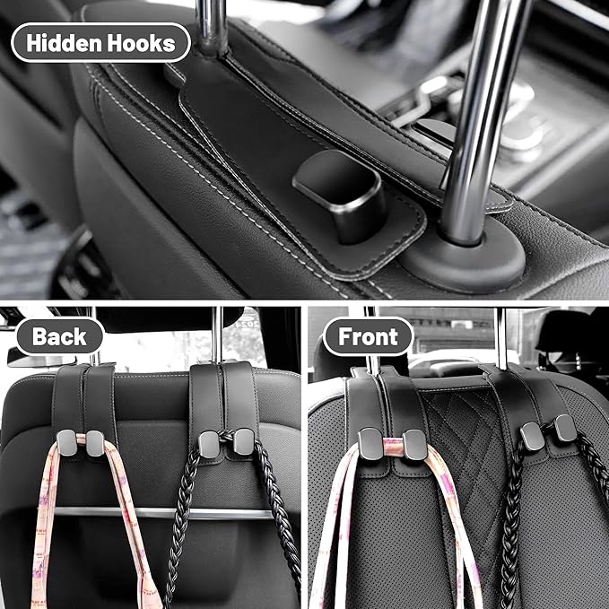 Amelity Headrest Hooks for Car, Car Seat Back Storage Hooks, Car Hooks for Purses and Bags (4 Pack, Black)