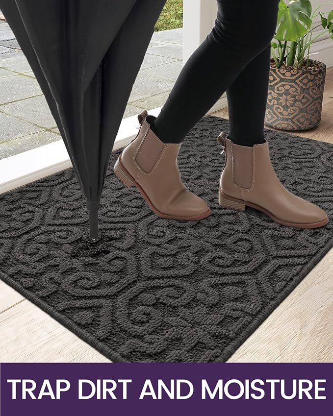 DEXI Front Door Entryway Mat Non Slip, 3x5 ft Large Washable Inside Entrance for House Floor Low Profile, Thin Entry Doormat Absorbent Dirt Trapper, Dark Grey