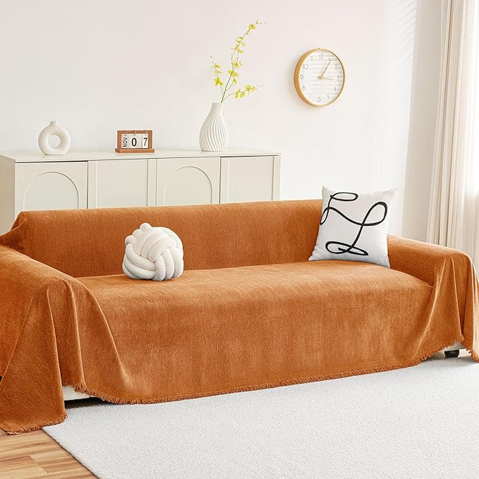 hyha Couch Cover for Dogs, Boho Sofa Covers for 3 Cushion Couch Washable, Chenille Sofa Slipcover for Pets, Soft Loveseat Sectional Couch Throw Blankets with Tassels (Orange, 71x91 Inch)
