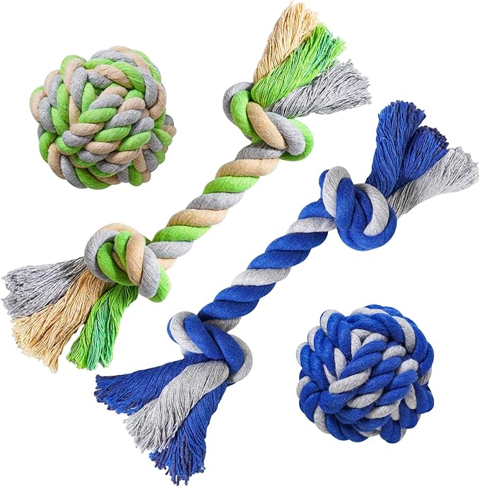 Wellbro Pet Chew Rope Toy for Teething, Entertainment & Interaction, Knots Weave Cotton Rope, Biting Small Ball Tough Chew Toys for Dogs & Cats, 4 Pack