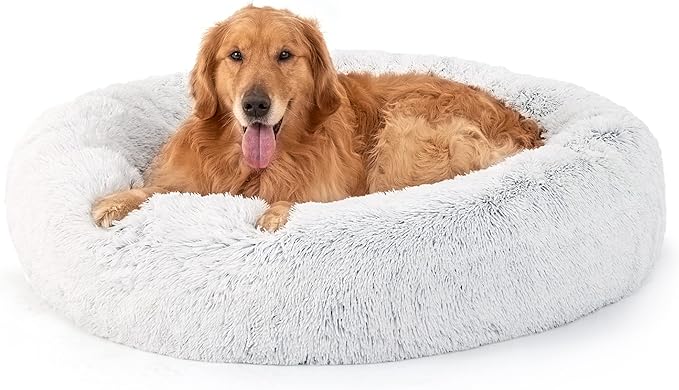 Bedsure Calming Dog Bed for Extra Large Dogs - Donut Washable Large Pet Bed, 45 inches Anti-Slip Round Fluffy Plush Faux Fur Dog Bed, Fits up to 120 lbs Pets, Frost Grey