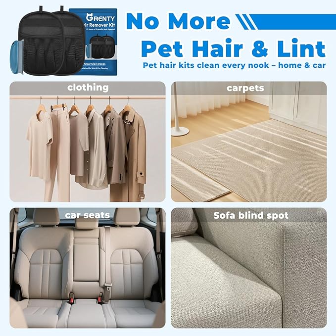 GRENTY Pet Hair Removal Glove for Cats & Dogs (2 Pcs), Upgraded Five-Finger Magic Brush Pet Hair Remover, Pet Hair Removal Tools for Clothing, Carpet, Sofa Gaps, Car Seat