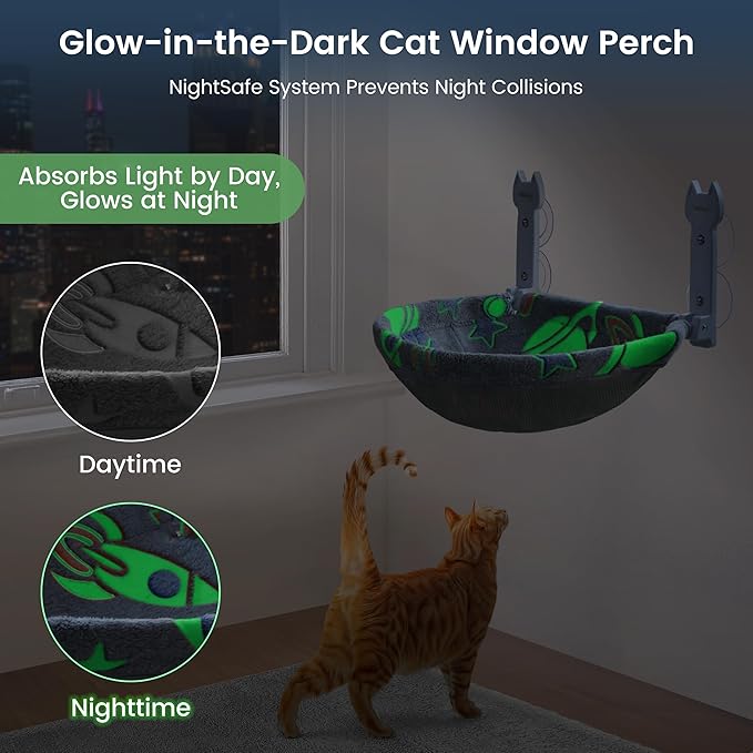 HiPetpy Cat Window Perch, Glow in The Dark Foldable Cat Hammock with Sunken Design & Removable Soft Cover, Breathable Cordless Window Bed for Resting Indoor Kitten (Grey Deep Perch, Medium)