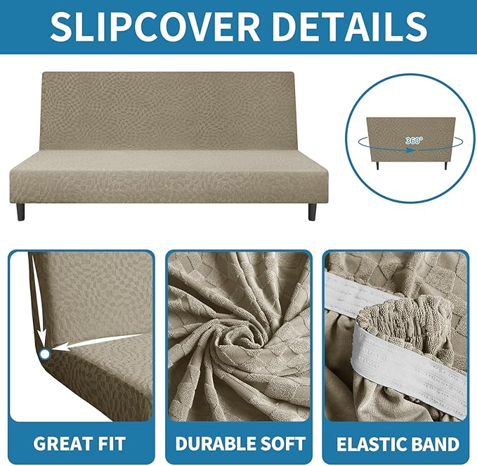 ZNSAYOTX Fashion Futon Cover (67"-82") Stretch Fit Armless Sofa Bed Slipcover, Universal Foldable Sofa Mattress Protector Full Queen Size, Irregular Plaid Texture Jacquard Futon Protector (Khaki)