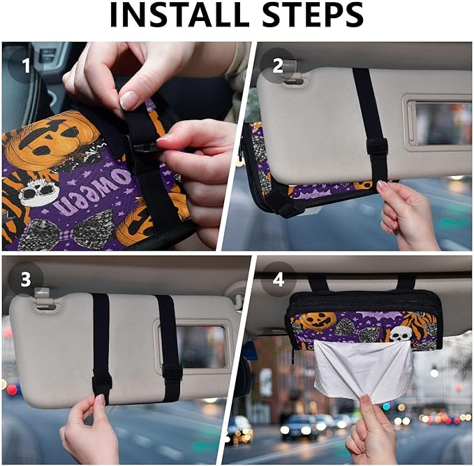 Car Tissue Holder Car Napkin Holder Car Tissue Box Dispenser Storage Case Sun Visor Mask Holder with Adjustable Straps Reusable Refillable Halloween Tiger Stripe Purple Orange