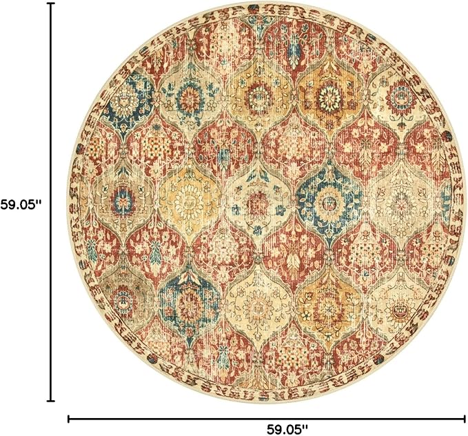 Lahome Moroccan Trellis Washable Round Area Rug, Round Rug 5ft Soft Non-Slip, Non-Shedding Distressed Circle Carpet for Bedroom Living Room Bathroom Nursery Kitchen Elise, Red/Orange