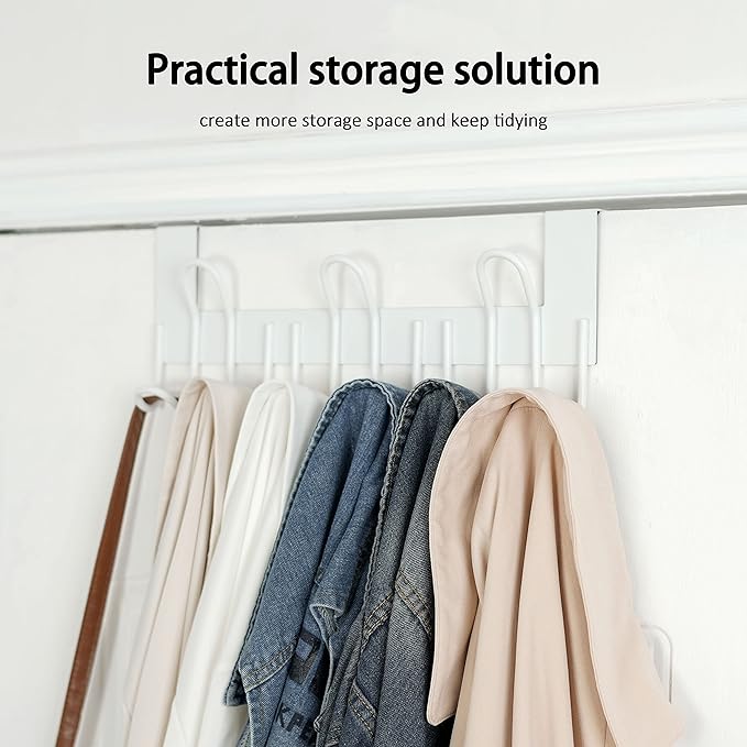 SKOLOO Over The Door Hooks - for Doors up to 1-3/4'' Thickness, Metal Door Hanger with 9 Hooks, Over The Door Hanger for Coats, Hats,Towels, White