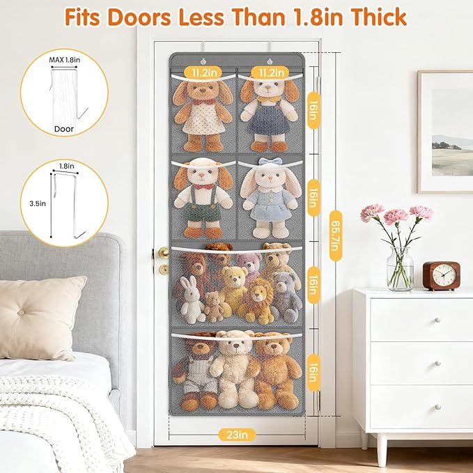 Stuffed Animal Storage - Large Over the Door Organizer with 6 Expandable Mesh Pockets & Metal Hooks, Non-Woven Fabric Hanging Plush Items Holder for Nursery, Bedroom, Playroom (Gray)