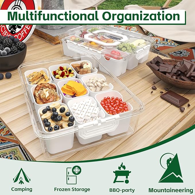 REBECAT Divided Serving Tray with Lid and Handles 9 Compartments Snack Box Container Charcuterie Organizer Snackle Box Container for Candy,Nuts，Fruits,Snacks,2 Pack,White