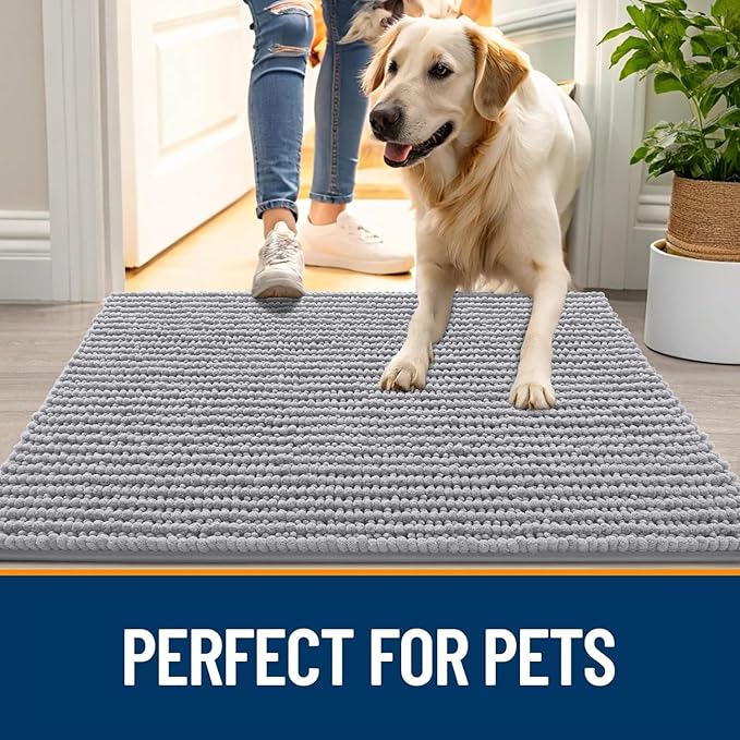 OLANLY Dog Door Mat for Muddy Paws 44x32, Ultra Absorbent Chenille Mud Doormat, Non-Slip Washable and Dirt Trapping Doormat for Indoor Entryway, Quick-Dry Indoor Pet Bed Mats for Dogs, Light Grey