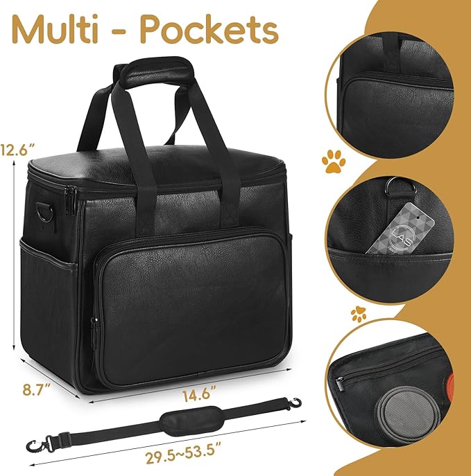 Lasaviin Dog Travel Bag, Leather Travel Pet Bag Set for Dog and Cat, Airline Approved Tote Organizer with Multi-Function Pockets, 2 Food Storage Containers, 2 Collapsible Bowls