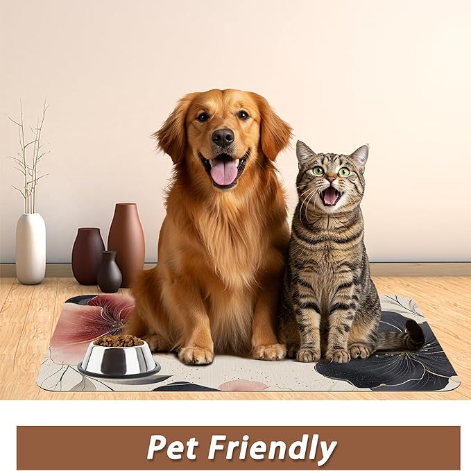 Pink Floral Pet Feeding Mat,Boho Flower Absorbent Quick-Dry Cat Dog Food and Water Bowl Mats,Non-Slip Rubber Backing Mat,Cat Dog Accessories Supplies 12"x20"