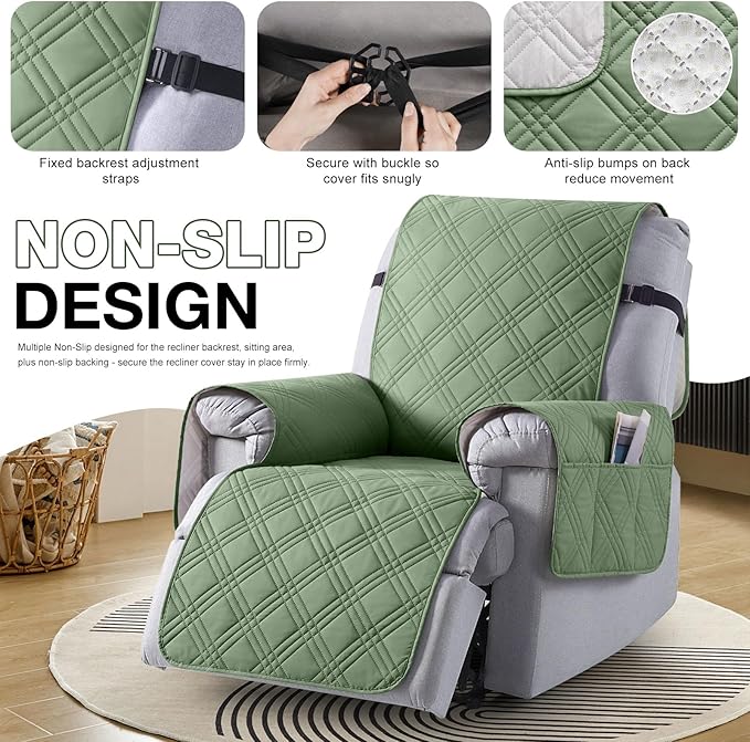 TAOCOCO 100% Waterproof Recliner Chair Covers, Non Slip Recliner Covers for Recliner Chair with Pocket, Washable Reclining Chair Cover Furniture Protector for Kids,Dogs(22'', Bean Green)