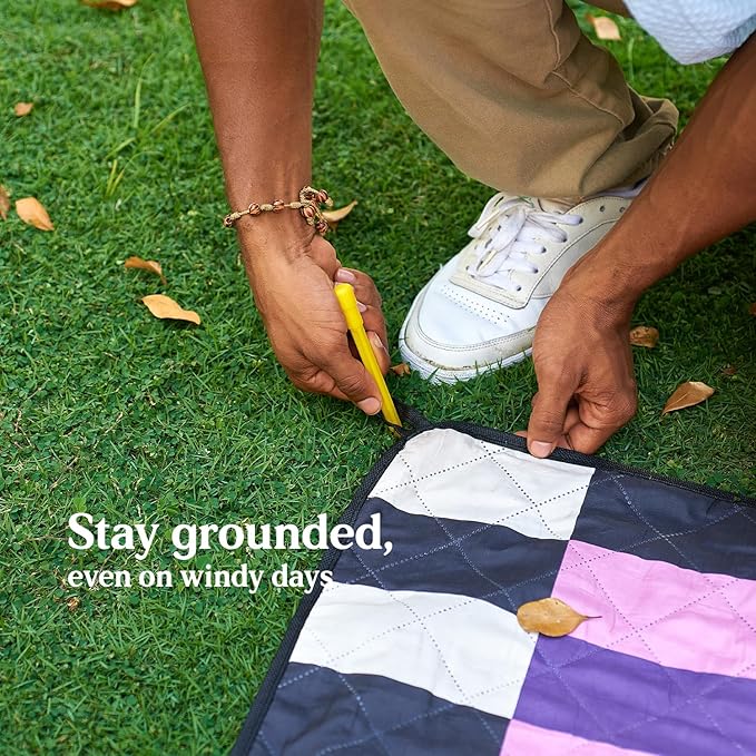 Cozy Club Waterproof Picnic Blanket Foldable Outdoor Mat with Pocket, Stakes & Shoulder Strap | Sandproof, Durable & Portable for Beach, Camping, Sporting Events & Travel | US Brand
