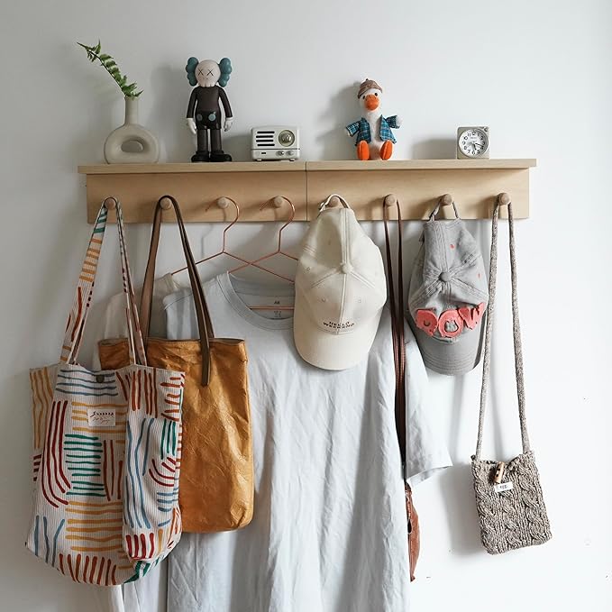 Wall Mounted Coat Rack with Shelf, 15.7" Floating Shelf with 8 Hooks, Heavy Duty Entryway Organizer for Hanging Coats, Bags, Hats, Towels - Ideal for Entryway, (2Pack-Birch Colored Finish)