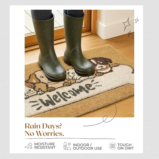 COCONIQ Coir Door Mats 17" X 30", Non-Slip Sturdy, PVC Backed Heavy Duty, Easy to Clean, Ideal for Door Entrance, Patio, Porch, Backyard, Garages, 5 Welcoming Puppies