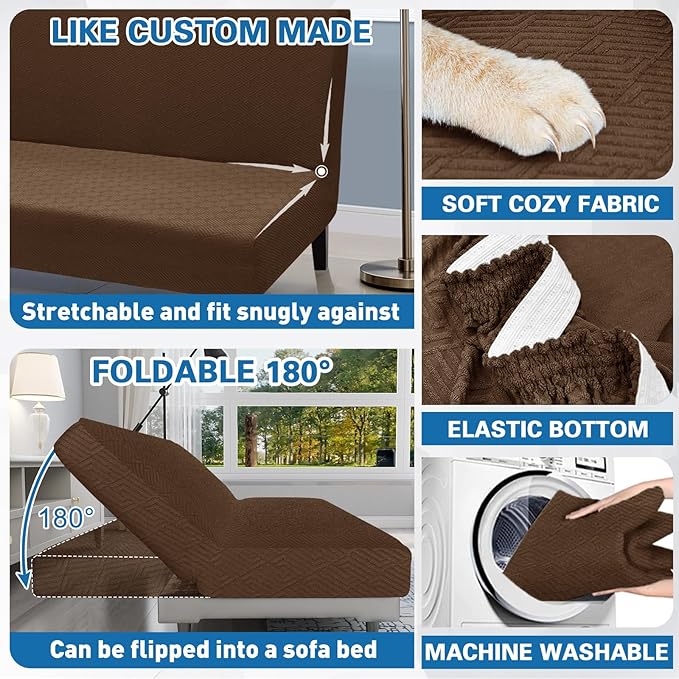 ZNSAYOTX Stretch Fit Futon Cover (67"-82") Armless Futon Sofa Bed Slipcover with Elastic Band, Universal Foldable Sofa Mattress Protector Full Queen Size, Washable Comfort Jacquard (Dark Coffee)