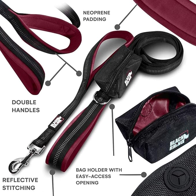Black Rhino Heavy Duty Dog Leash for Medium and Large Dogs - 6 ft Long Double Handle Leash with Padded Traffic Control Handles and Bag - Reflective, Durable, and Weather Resistant (Burgundy)